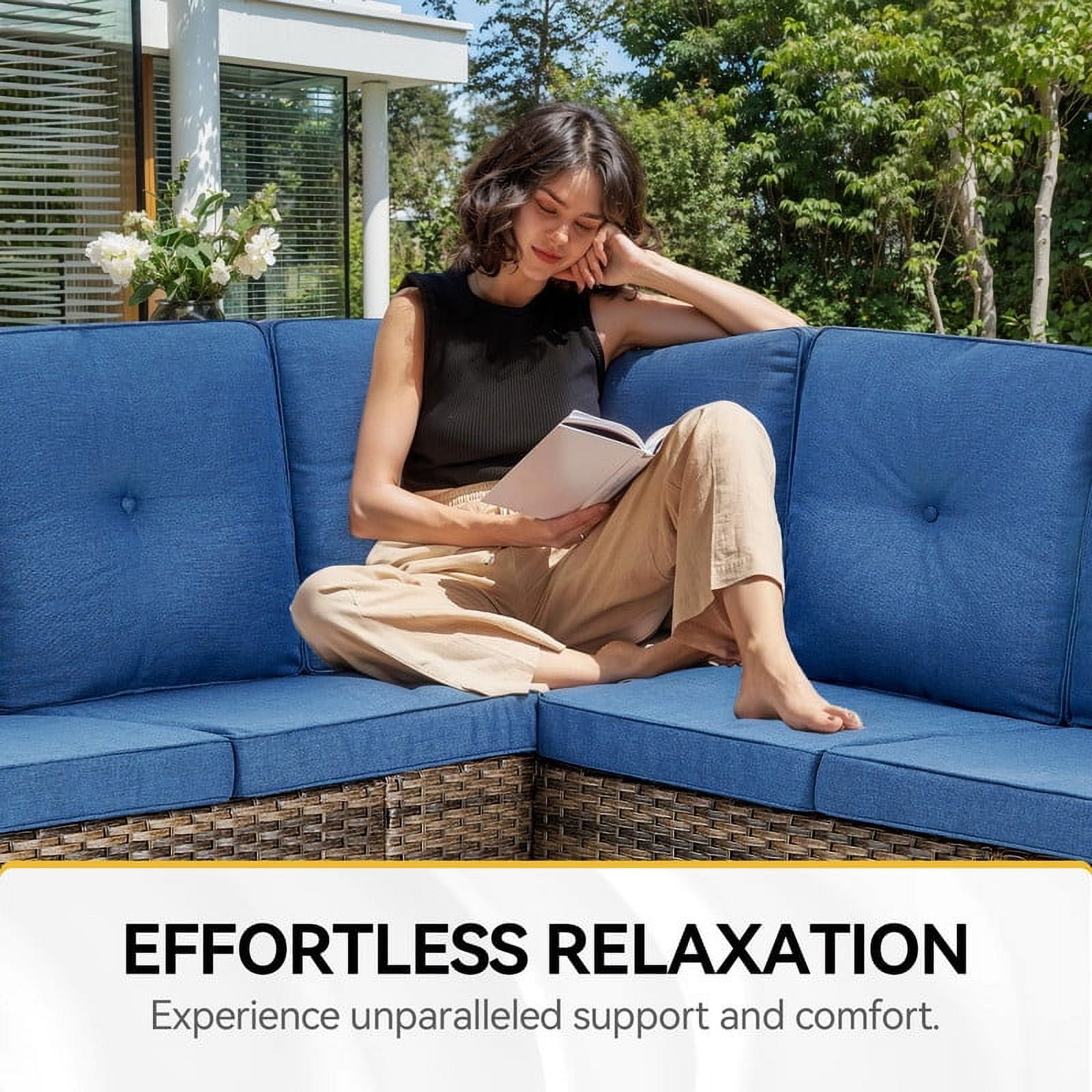 PARKWELL Outdoor Sectional Sofa Furniture Set,Patio Wicker L Shaped Couch High Back Conversation Set with Ottomans for Garden Yard,Brown Wicker Navy Cushion