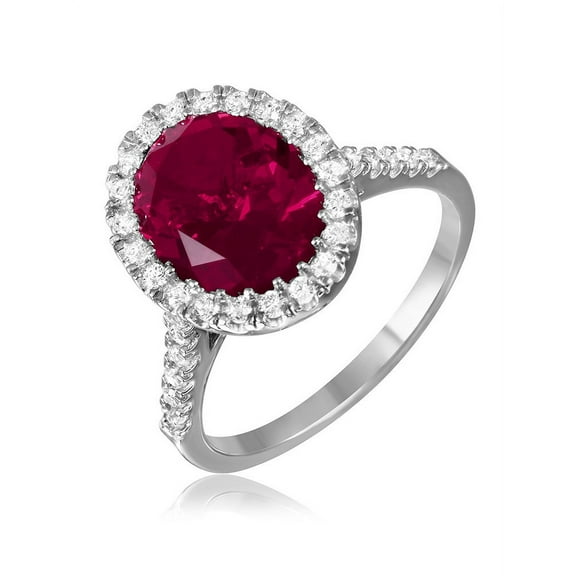 Simulated Garnet All Around Cubic Zirconia Oval Halo Ring Rhodium Plated Sterling Silver Size 7