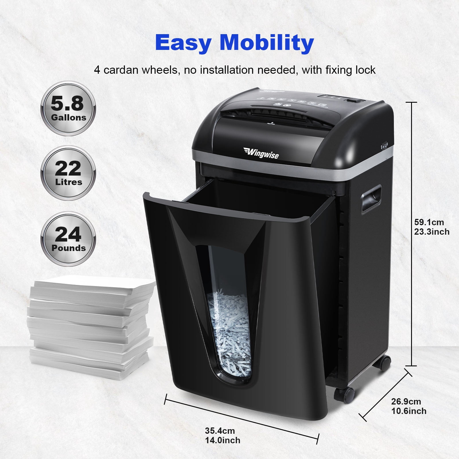 Wingwise Paper Shredder, 15 Sheets Cross Cut Shredder, 6.6 Gallon Bin, CD/Credit Card Shredder with Dual Modes, Home & Office Use