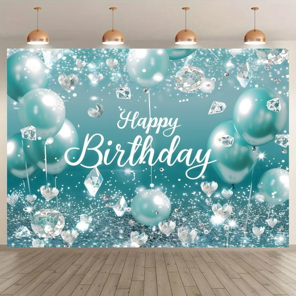 Teal Happy Birthday Backdrop Turquoise and Silver Birthday Party Photography Background for Women Girls Teal Balloons Glitter Diamond Happy Birthday Party Decorations Banner Photo Booth Props