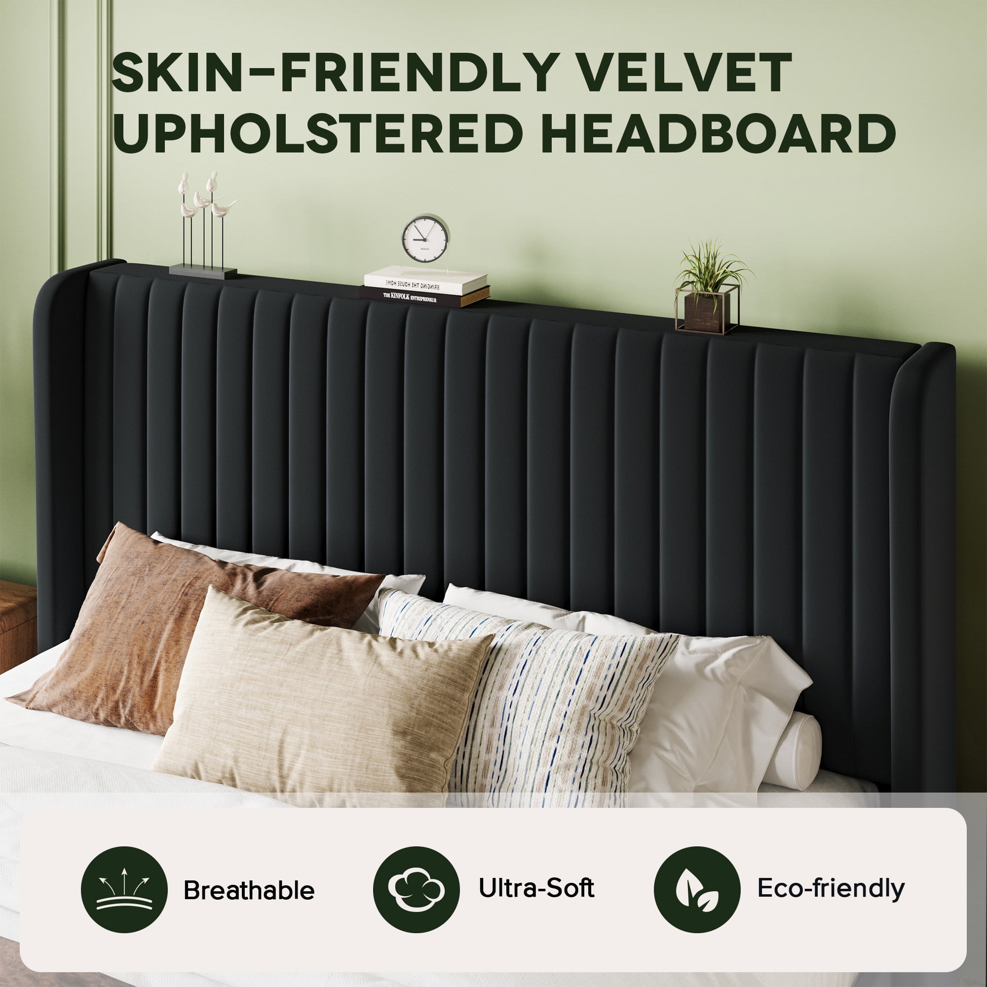 Einfach Queen Bed Frame, Upholstered Platform Bed with Wingback Headboard, No Box Spring Required, Black