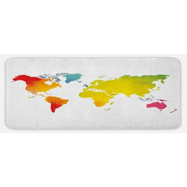 Map Kitchen Mat, Continents of World in Vibrant Watercolors Graphic Design International Theme, Plush Decorative Kitchen Mat with Non Slip Backing, 47" X 19", Multicolor, by Ambesonne