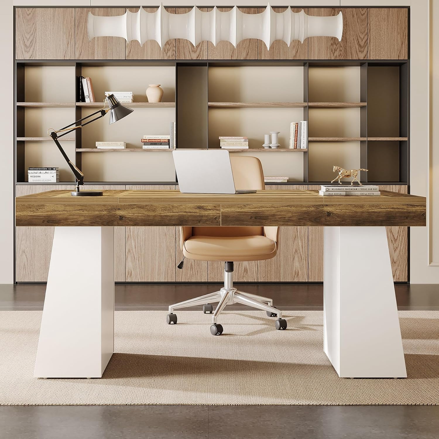 Tribesigns Modern Wood Executive Desk, 55" Computer Table Office Desk, Small Conference Table, White & Brown