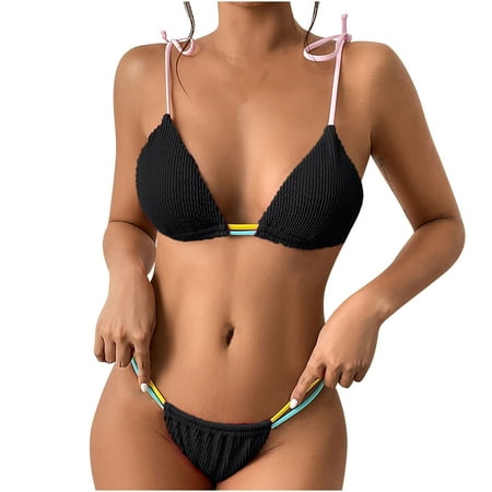 ZQGJB Womens Swimsuits Sexy Thong Bikini Sets for Women Triangle Two Piece Bathing Suits Adjustable Strap Tie Back Swim Top(Black L)