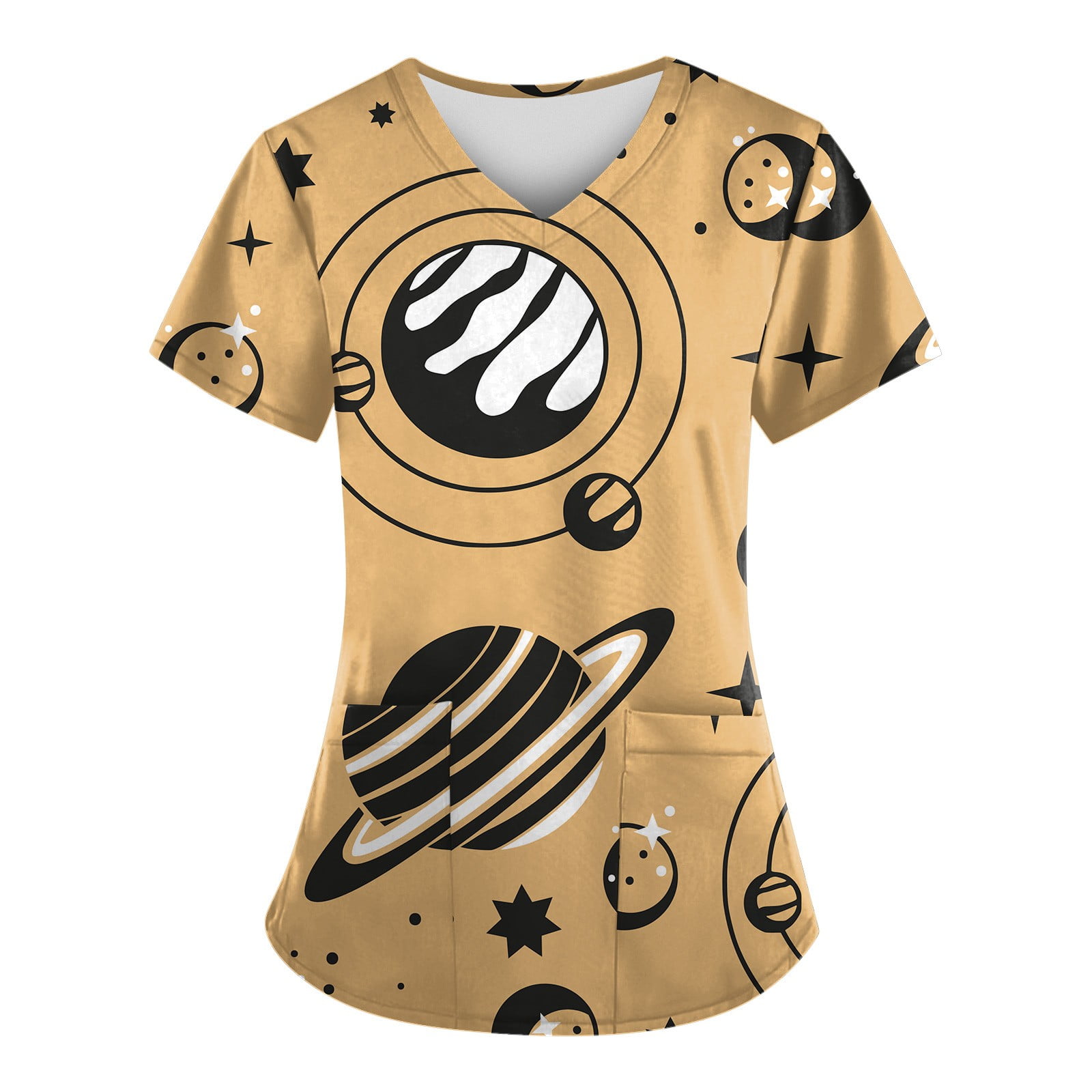 Sksloeg Women Scrub Tops Cartoon Printed VNeck Universe Patterned