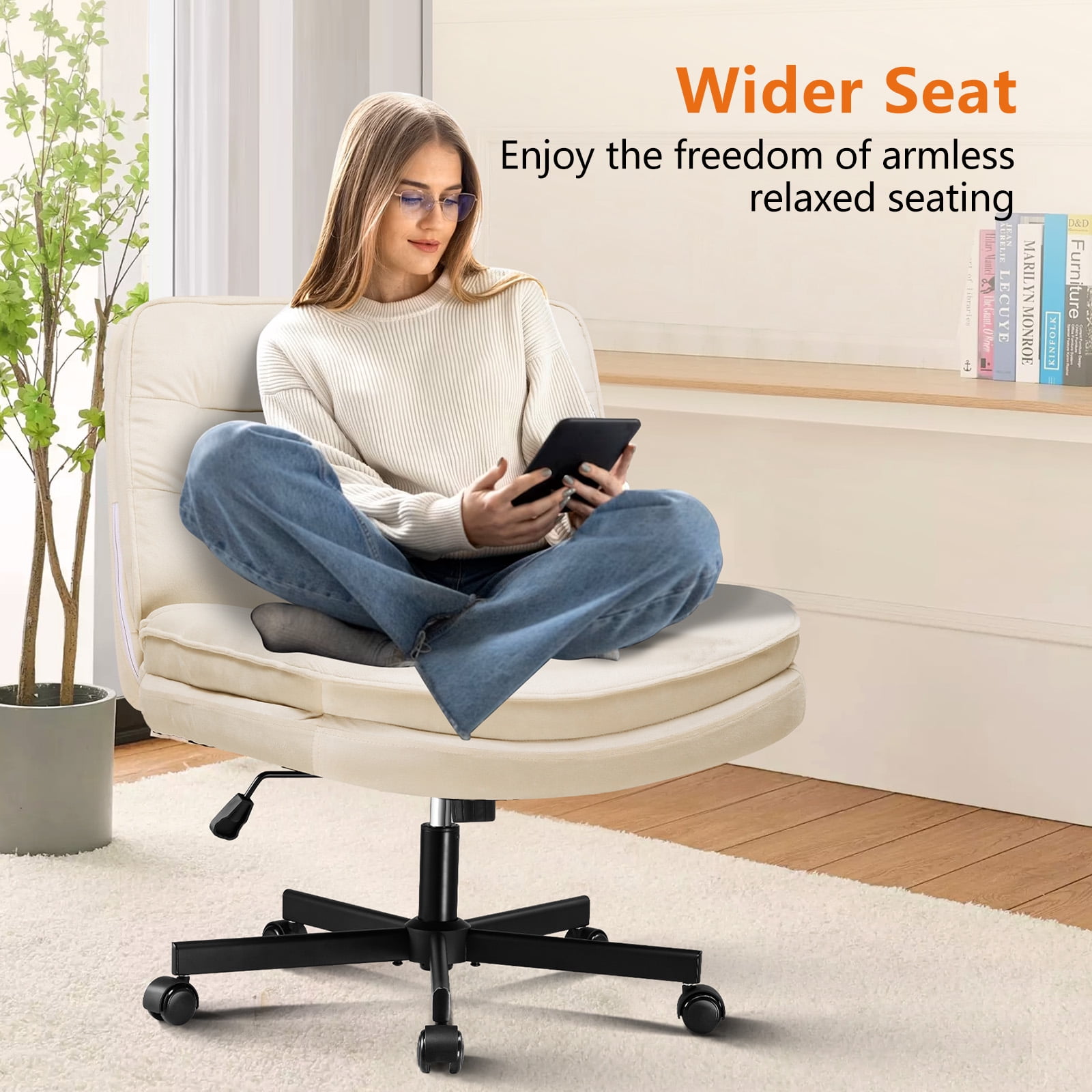 COMHOMA Armless Office Desk Chair, Criss Cross Swivel Chair with Wheels, Wide Seat Adult Vanity Chair for Home Office , Beige