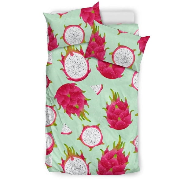 Juego de cama de fondo verde con estampado de fruta de dragón