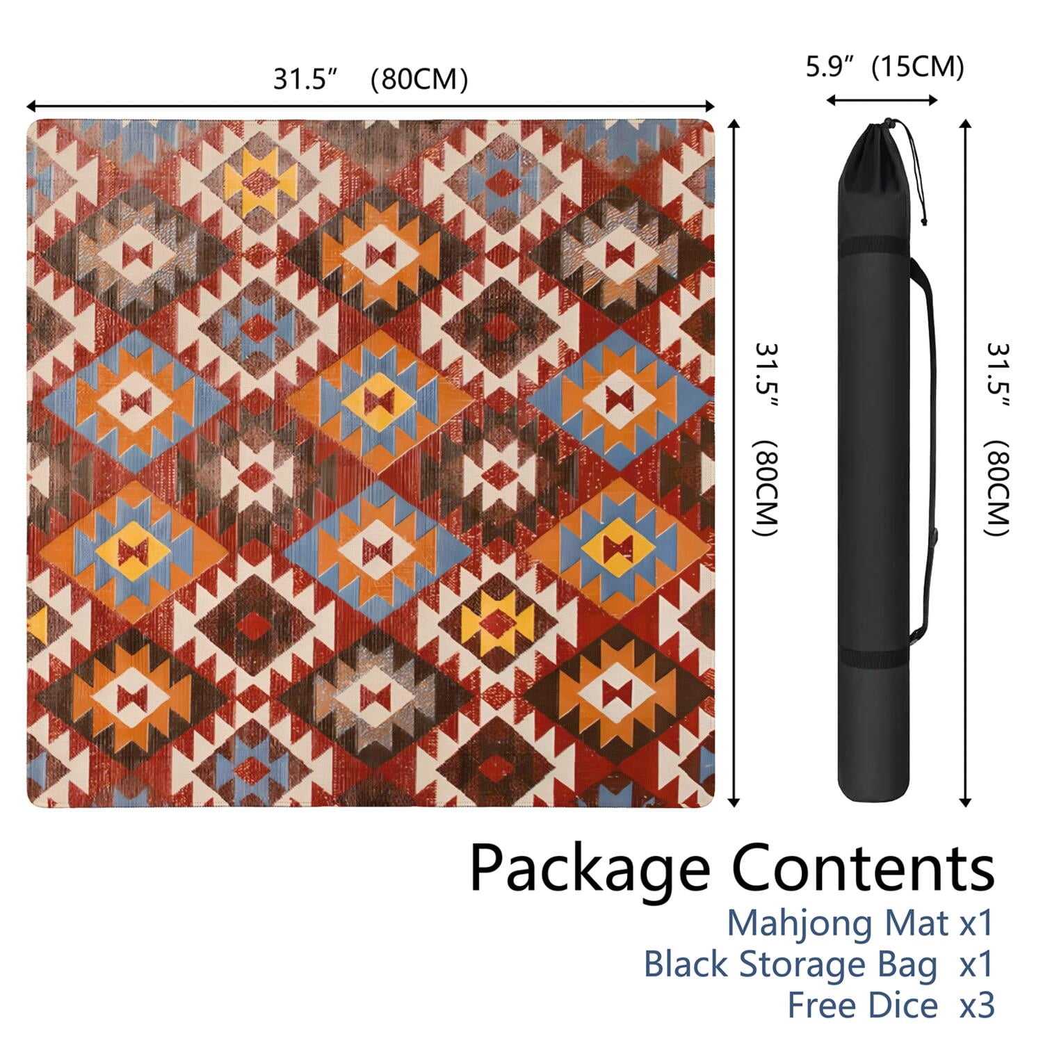 Decorative Boho Inspired Non-Slip Table Mat for Mahjong 31.5 Inch Square Rubber Surface Reduces Tile Noise for Card Games Board Games and Game Nights