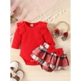 thumbnail image 2 of Cenuakty Baby Girls Shorts Set, Long Sleeve Crew Neck Romper Plaid Shorts Bow Headband Fall Outfit Clothing Set, 2 of 9