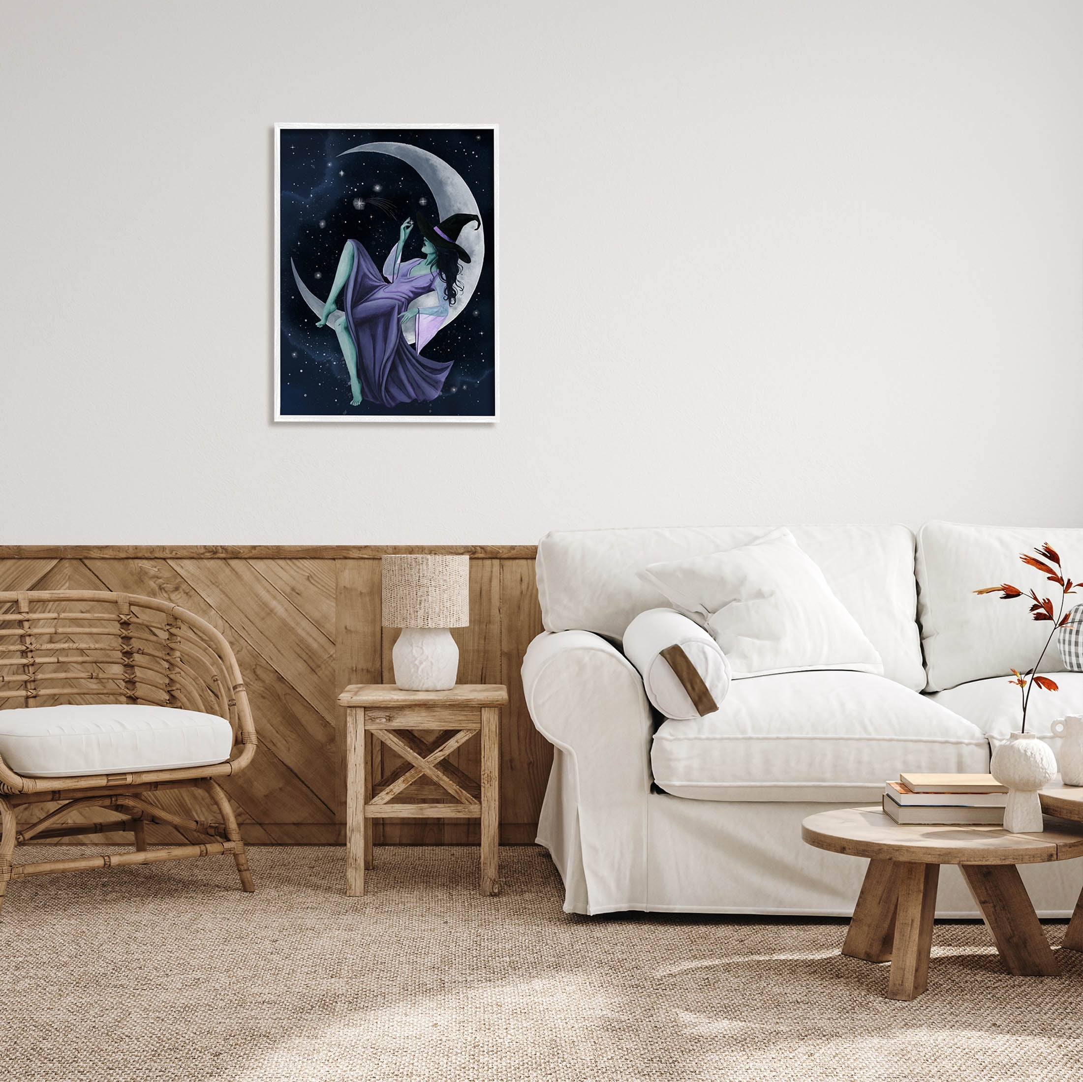 Stupell Industries Witch Relaxing Crescent Moon Painting White Framed Art Print Wall Art, Design by Grace Popp