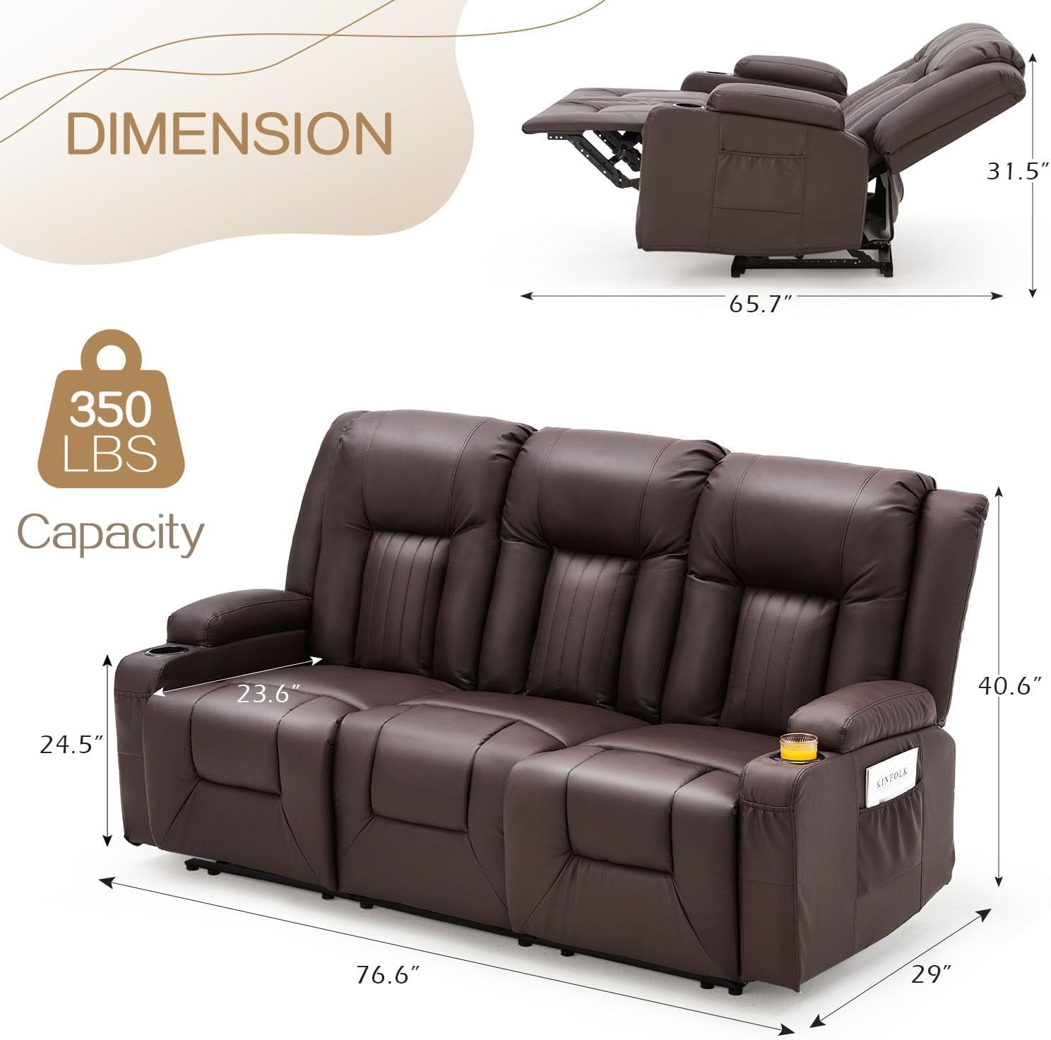 YODOLLA Manual Reclining Sofa with Side Pockets& Cup Holders, PU Leather Home Theater Seating, 3 Seat Recliner Chair in Brown