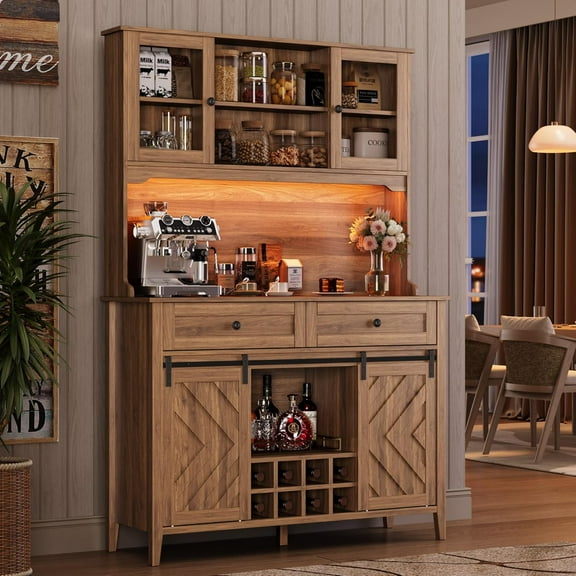 72" Farmhouse Bar Cabinet with Sliding Barn Door, Charging Station, 2 Drawers & 8 Shelves，Rustic Coffee Bar for Dining
