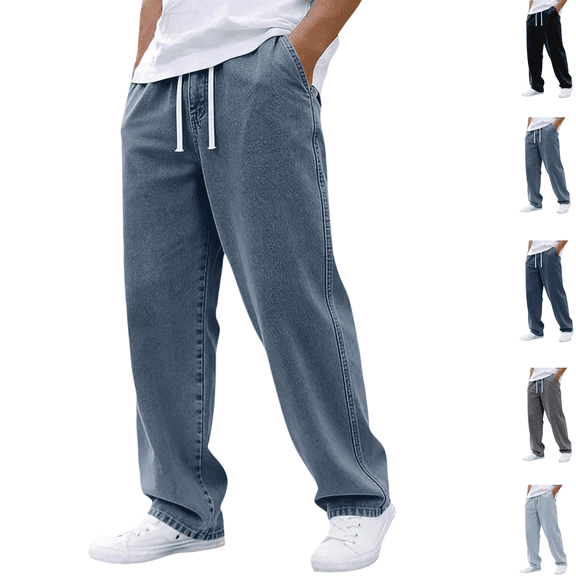 Mens Baggy Jeans Fashion Elastic Waist Drawstring Wide Leg Jeans Outdoor Comfy Lightweight Casual Jeans Streetwear Blue 5XL