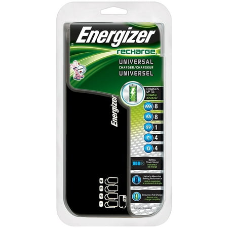 Recharge Universal Charger charges 8 AA/AAA, 4 C/D or 1 9V NiMH Batteries, Note: Charger works best with Energizer brand NiMh rechargeable batteries By