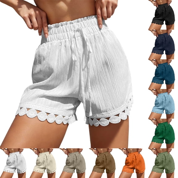 Bmisegm Womens Summer Shorts High Waisted Lace Casual Beach Drawstring Tie Loose Bottoms Shorts for Women White L