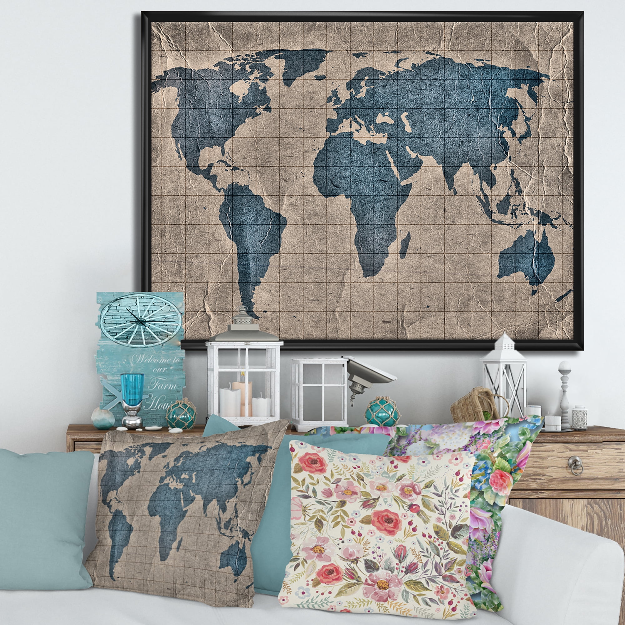 Designart 'Ancient World Map I' Rustic Framed Canvas Wall Art Print
