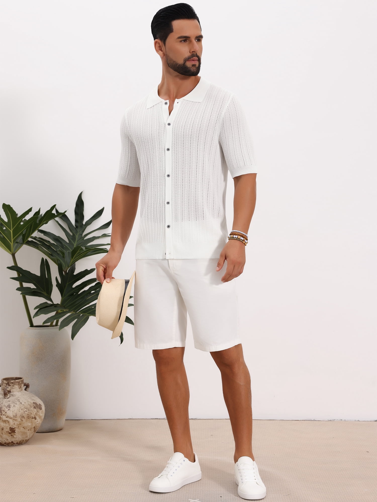 DARING DIVA Men's Striped Summer Short Sleeve Knitted See Through Shirts XL White