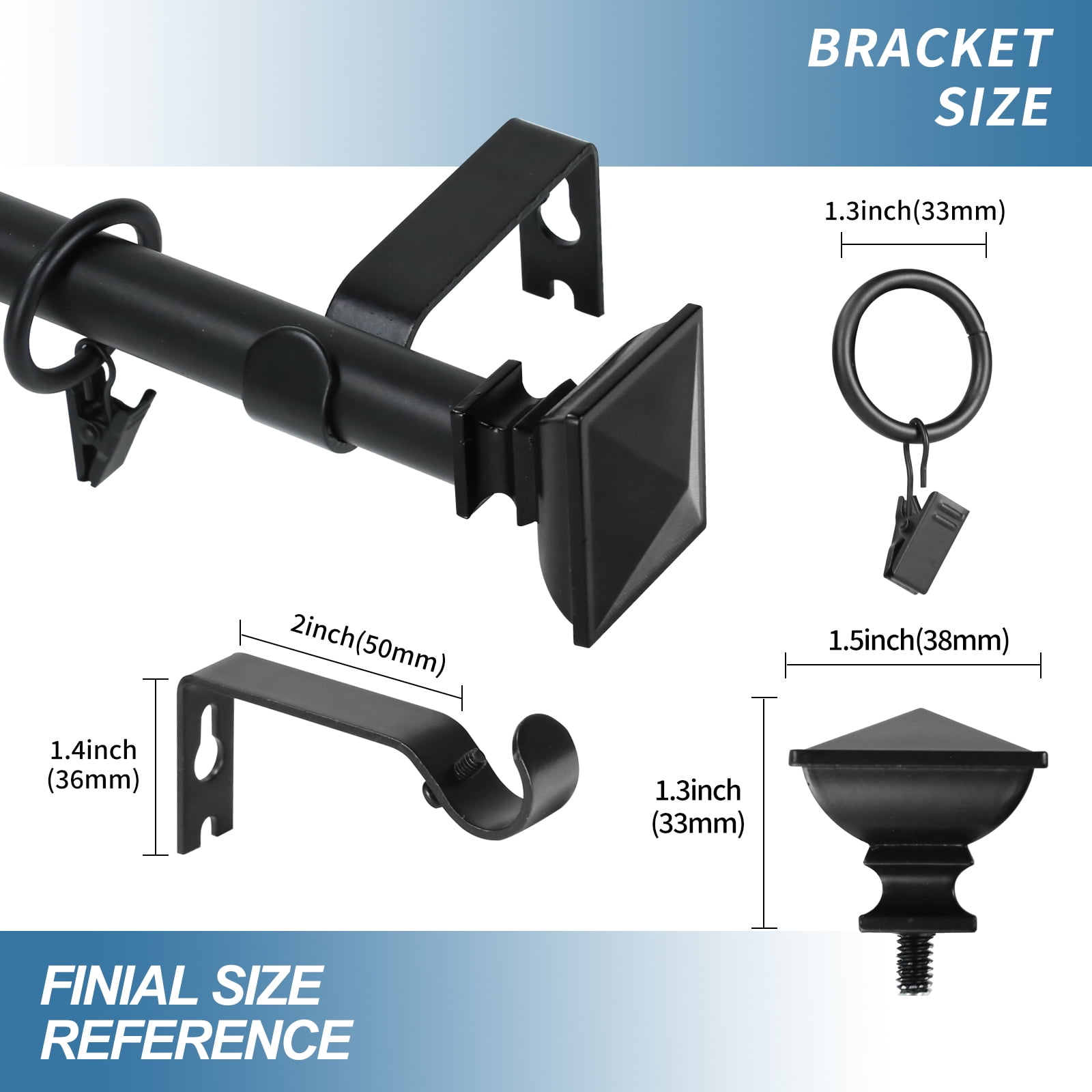 Urbanest Single Curtain Rod with 16 Clip Rings & Decorative Square Urn Finials – Classic Metal Window Drapery Rod Set, Heavy-Duty & Adjustable, 5/8" Diameter, 48" to 84", Matte Black