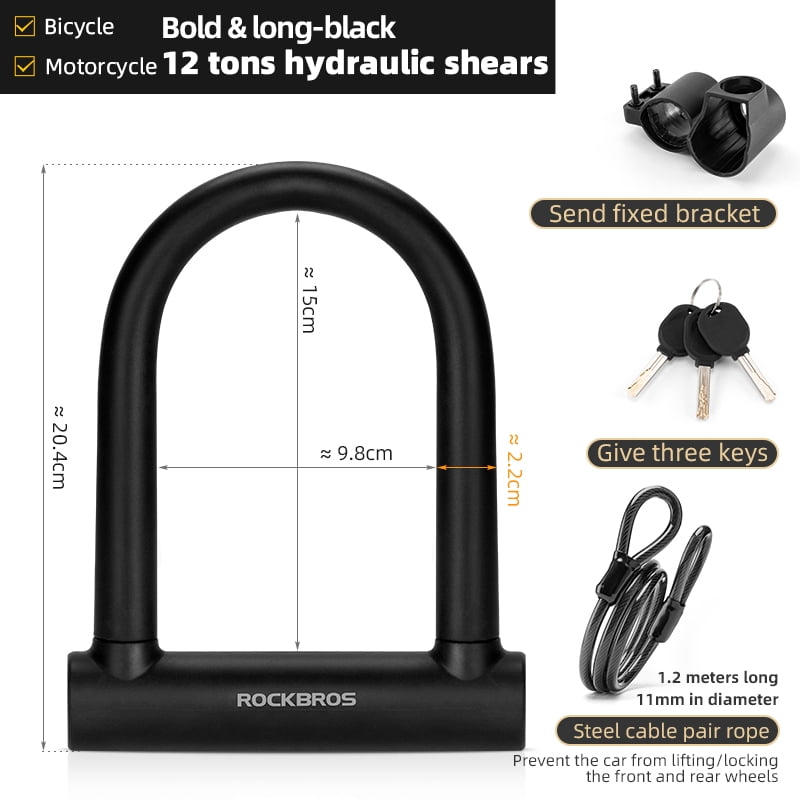 ROCKBROS Bicycle Locks,High-Strength Alloy Steel U-shaped locks,U-Lock Black with 1.2m cable