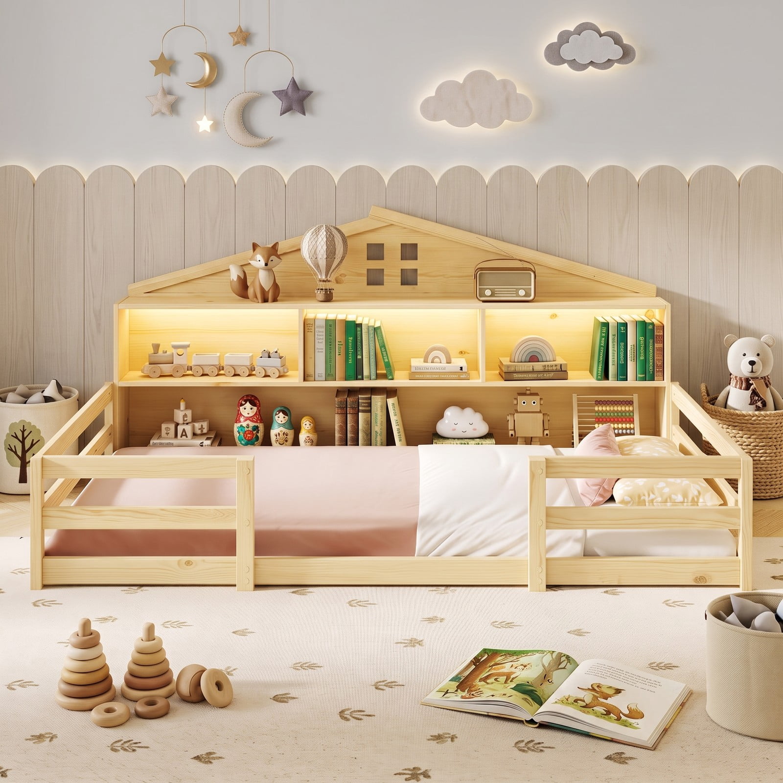 Furnibear Twin Bed Frame Montessori Floor Bed for Kids, House Bed with Headboard Storage and Open Shelf, Low Wood Twin Bed Frame for Bedroom, Natural