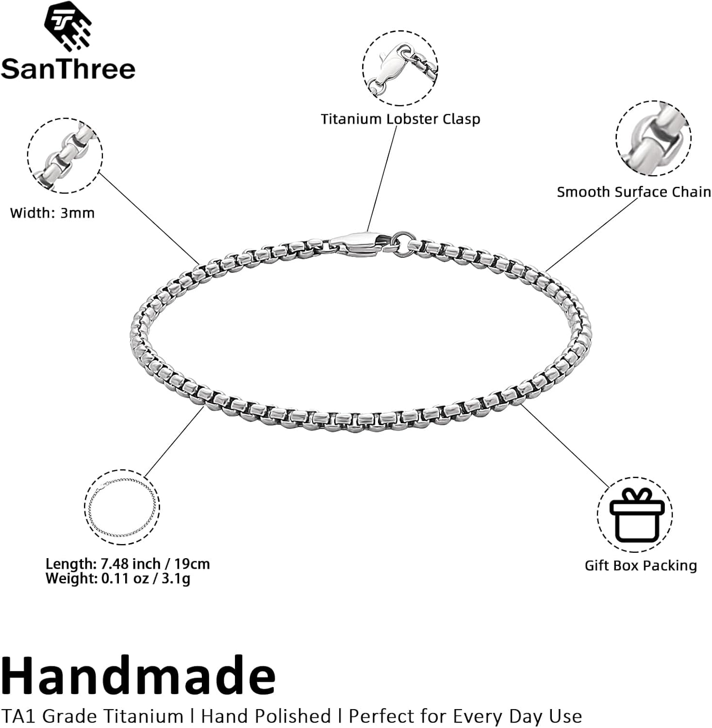 SanThree 3mm Pure Titanium Box Chain Bracelet for Men Women, Ultra Light NO Allergic Square Rolo Link Round Box Chain Bracelets Bracelets Jewelry Birthday Gifts for Father Grandpa Boyfriend,7.48”