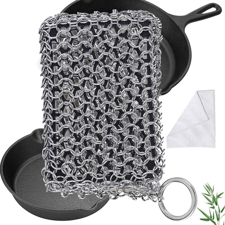 XMMSWDLA Cast Iron Scrubber, Upgraded Chainmail Scrubber for Cast Iron Pan  - Chain Mail Scrubber Cast Iron Sponge - Metal Scrubber Cast Iron Cleaner,,  Dutch Oven Cleaning Chain Scrubber 