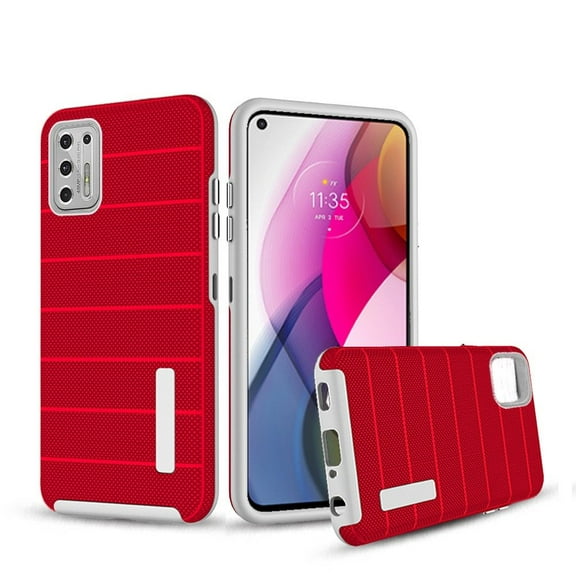 For Moto G Stylus 2021 Stripes Tough Strong Hybrid Case Cover - Red