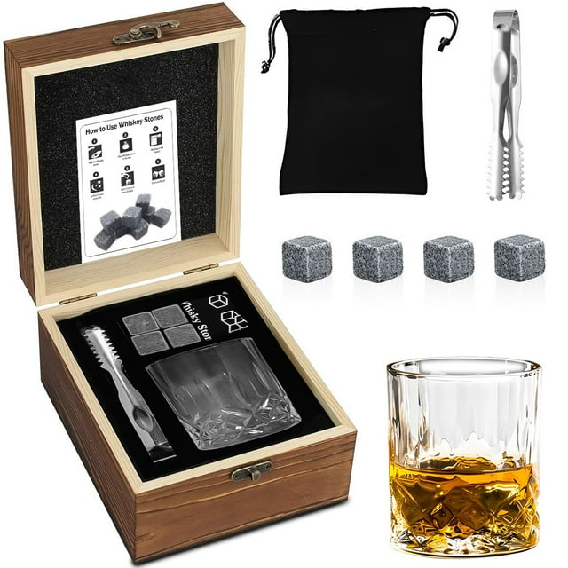 Juego de vasos de whisky con vaso sin plomo | Piedras naturales de whisky | Lujosa caja de regalo de madera | Incluye bolsa de terciopelo y clip | Regalo perfecto para los amantes del whisky - 4