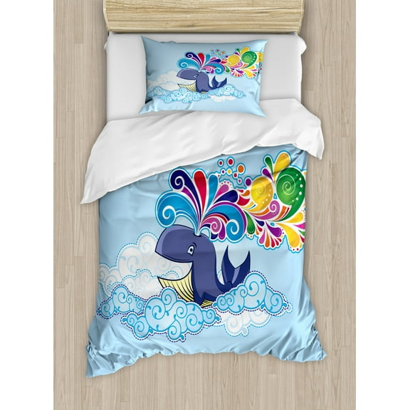 Whale Decor Twin Size Duvet Cover Set, Cartoon Style Flying Happy Whale on Clouds with Rainbow Clods on its head, Decorative 2 Piece Bedding Set with 1 Pillow Sham, Multi Colored, by Ambesonne