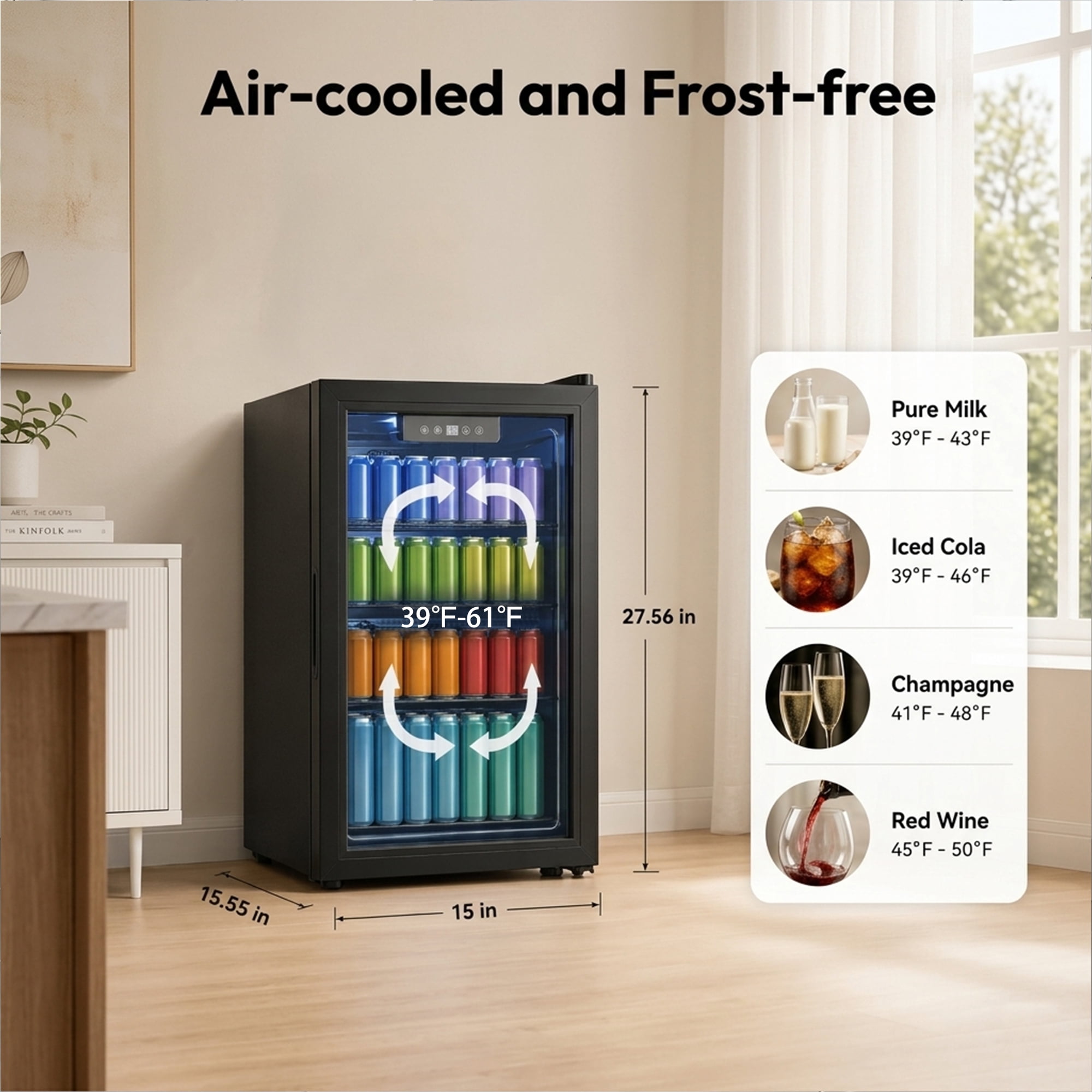 Dawmilon 3.3 Cu Ft Beverage Refrigerator, 126 Can Mini Fridge with Glass Door, Digital Temperature Control, Quiet Beverage Cooler Fridge for Beer Soda Wine, Air Cooling for Home Office Bar