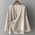 thumbnail image 2 of Women Hanten Kimono Long Sleeve Wrap Front Cotton Linen Retro Irregular Shirt Tops Cardigan Style, 2 of 8