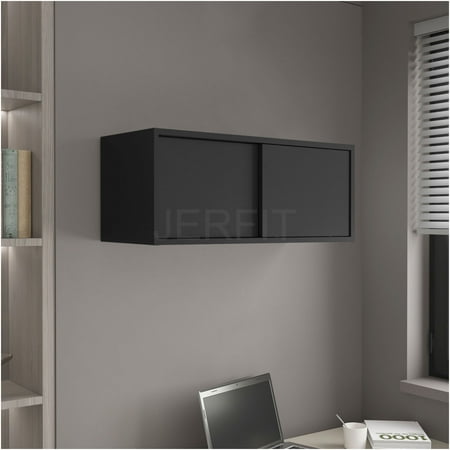 JERFIT 13 inch Wall Mount Cabinet with Sliding Doors Black Storage Cupboard for Kitchen Bathroom Office & Living Space