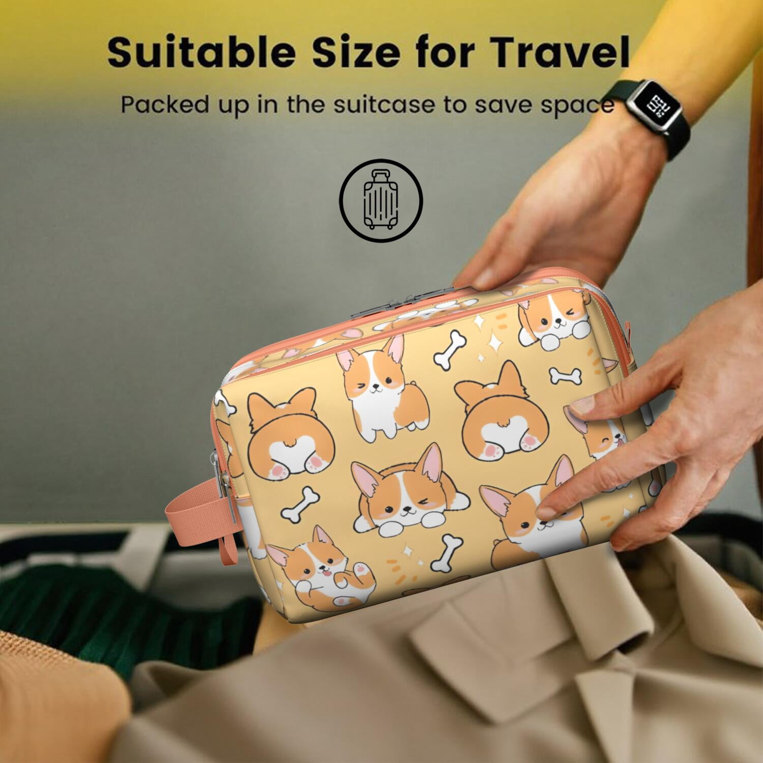 Toiletries Bag,Corgi Dog and Footprints Mens Womens Toiletry Bag Bathroom Bag,Waterproof Toiletry Travel Bag Dopp Kit Shaving Bag 11x6.3x5.1 Inch