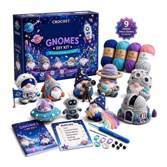 Cadancy Crochet Kit Gnomes 9 Piece Beginner DIY Amigurumi Tea Party Yarn Hook Pattern Guided Instruction Home Craft Gift for Adults Teens Supplies Holiday Christmas Stocking Stuffers