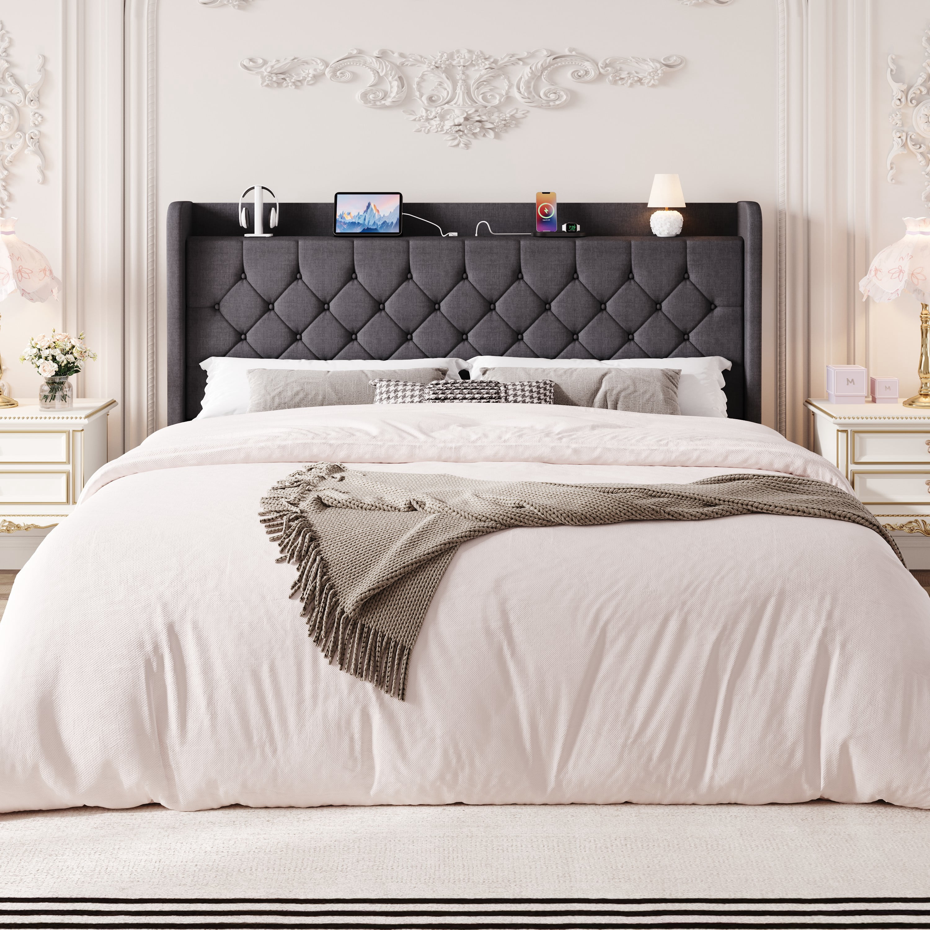 Einfach King Bed Frame, Upholstered Platform Bed with Storage Wingback Headboard and Fast Charging Hub, No Box Spring Required, Deep Gray