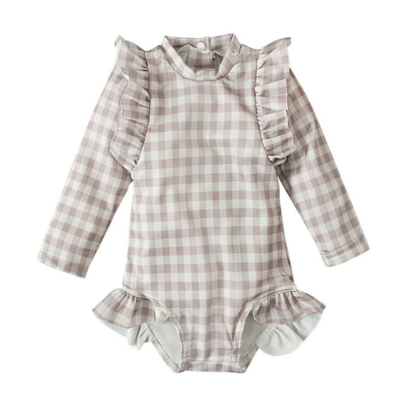 Ohufall Toddler Kids Girls One-Piece Swimsuit Fashion Plaid Printed Long Sleeve Ruffled Edge Bathing Suit Girls Summer Beach Swimwear for 6M-4Y