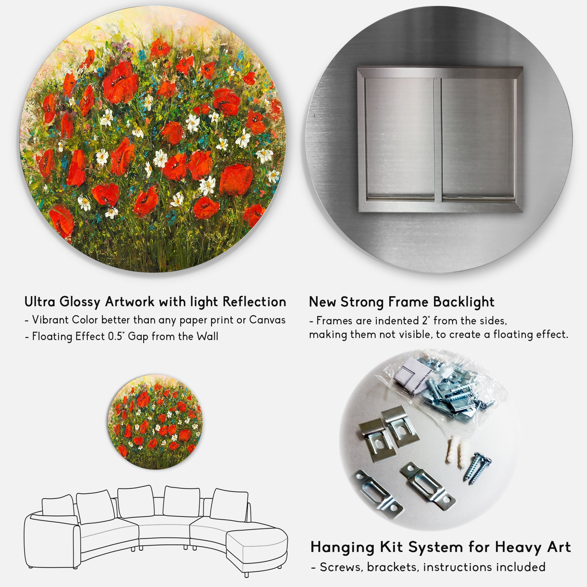 Designart 'The Fields of Red Wildflowers' Traditional Circle Metal Wall Art 11x11 - Disc of 11