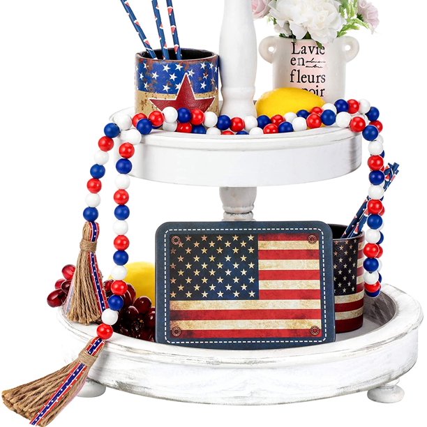 Patriotic Wood Bead Garlands – Set Of 3 With Flag & Heart Signs, Red White & Blue, For Independence Day Decor