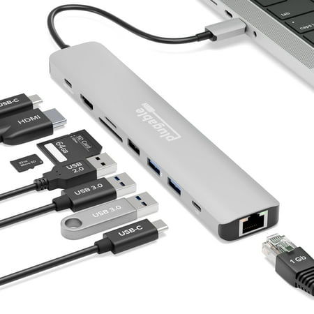Plugable USB C Hub Multiport Adapter 140W Power Delivery Charging 4K 60Hz HDMI For USBC USB4 Thunderbolt MacBook Windows Chromebook (USBC-9IN1E)