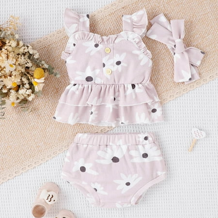 

2Pcs Baby Girls Outfit Clearance Toddler Kids Baby Girls Fashion Cute Flower Print Ruffles Vest Shorts Hairband Suit