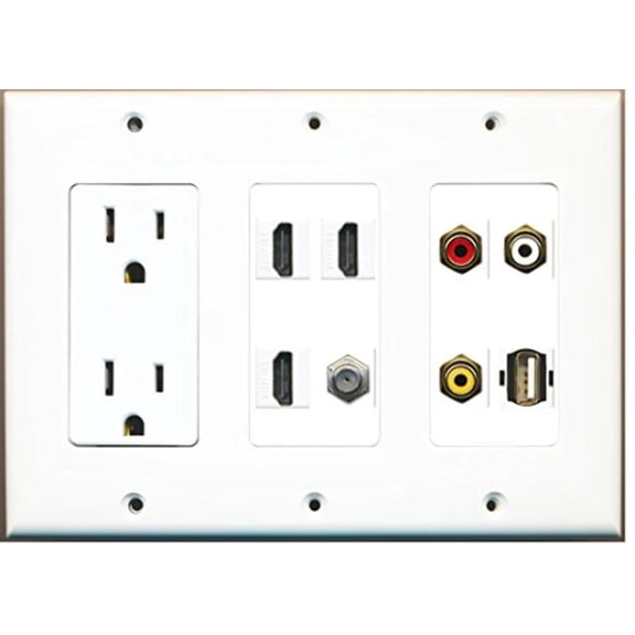 RiteAV (3 Gang 15A Power Outlet 3 HDMI Coax Composite Video USB A-A Wall Plate White