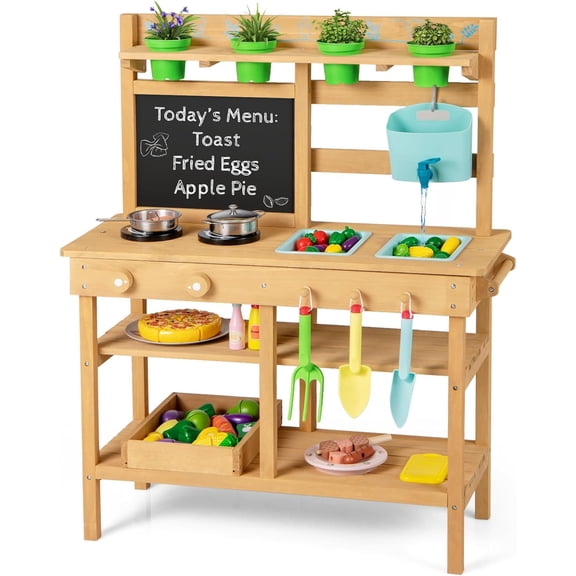 OLAKIDS Mud Kitchen for Kids Outdoor, Wooden Play Kitchen with Real Running Water, Removable Sink & Faucet, 14-Pc Accessory Set for Toddler Boys Girls Ages 3