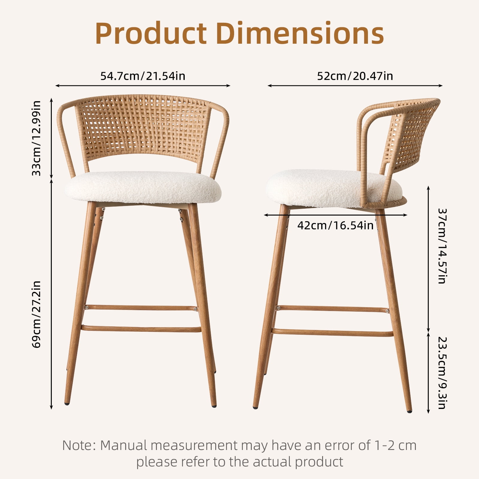 Set of 2 Rattan Backrest Bar Stools with Metal Legs and Upholstered Seat, Modern Boho Counter Stools and Kitchen Island Chairs, Cream