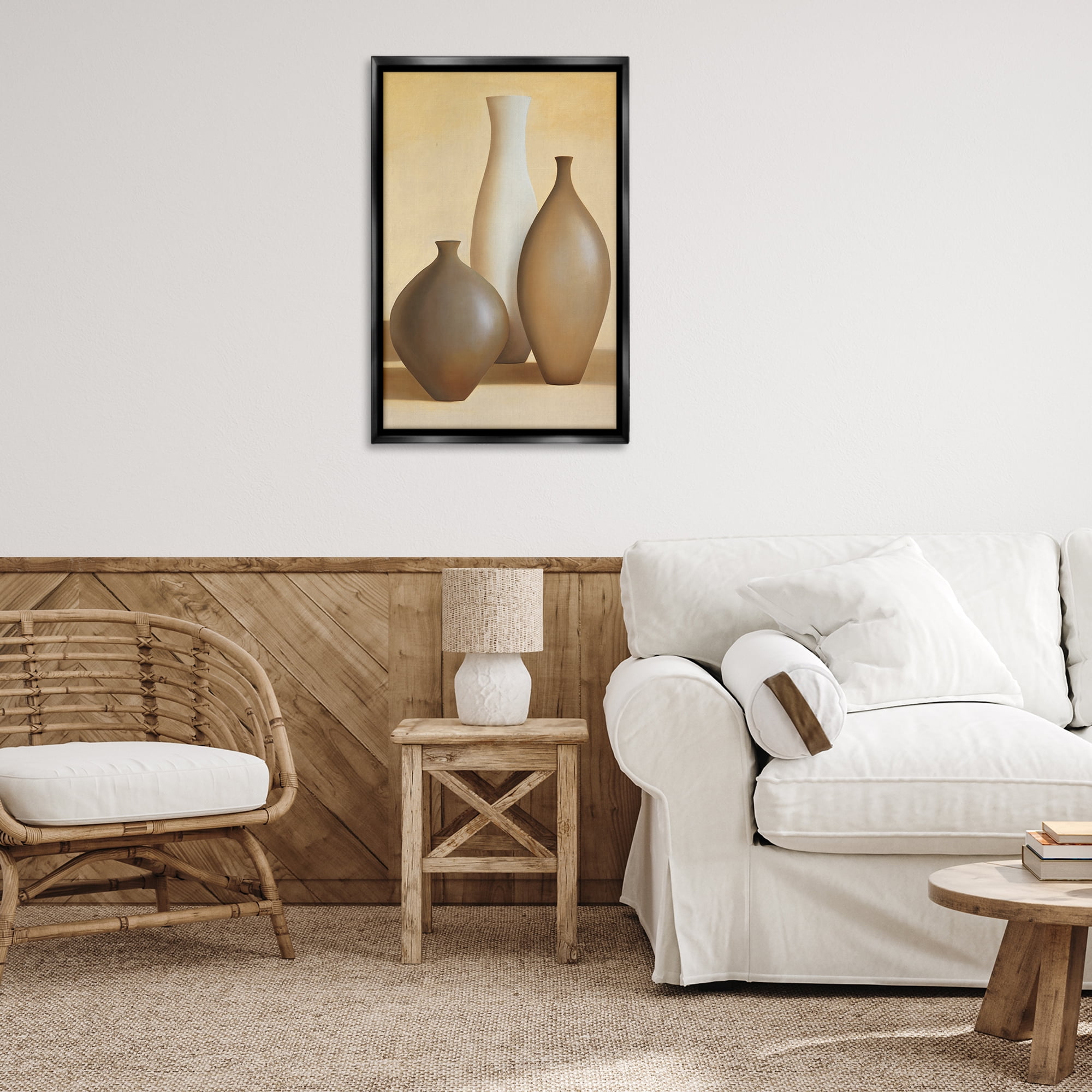 Stupell Industries Natural Pottery Bottles Furniture Painting Black Floater Framed Canvas Art Print Wall Art, 21 x 31