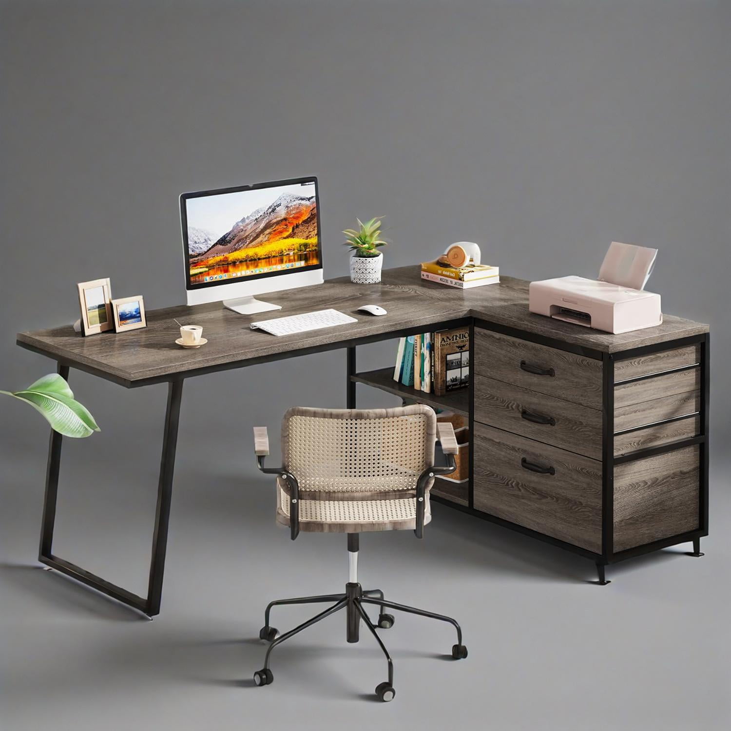 L-Shaped Desk 53In Reversible Corner Desk File Cabinet 3Drawers 2Open Shelves Industrial Style Home Office Computer Desk Adjustable Leg Pads Gaming Writing Executive Sturdy Particle Board Grey Black