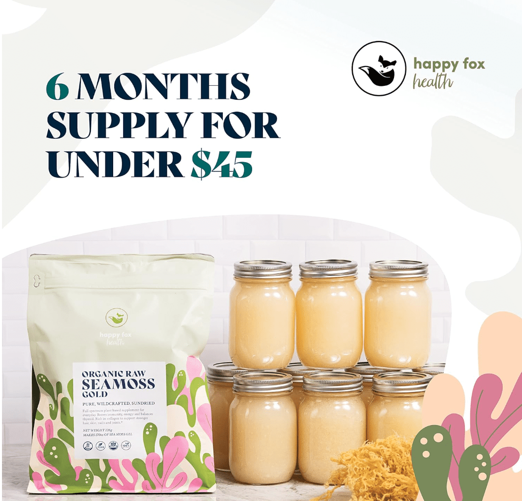 HAPPY FOX Sea Moss Raw Organic for Organic Seamoss Gel Makes 170oz of Dr Sebi Sea Moss Gel - Certified Non-GMO, Wildcrated Organic Raw Sea Moss - 6 Mos Supply of Seamoss Gel - 226 Gram Bag