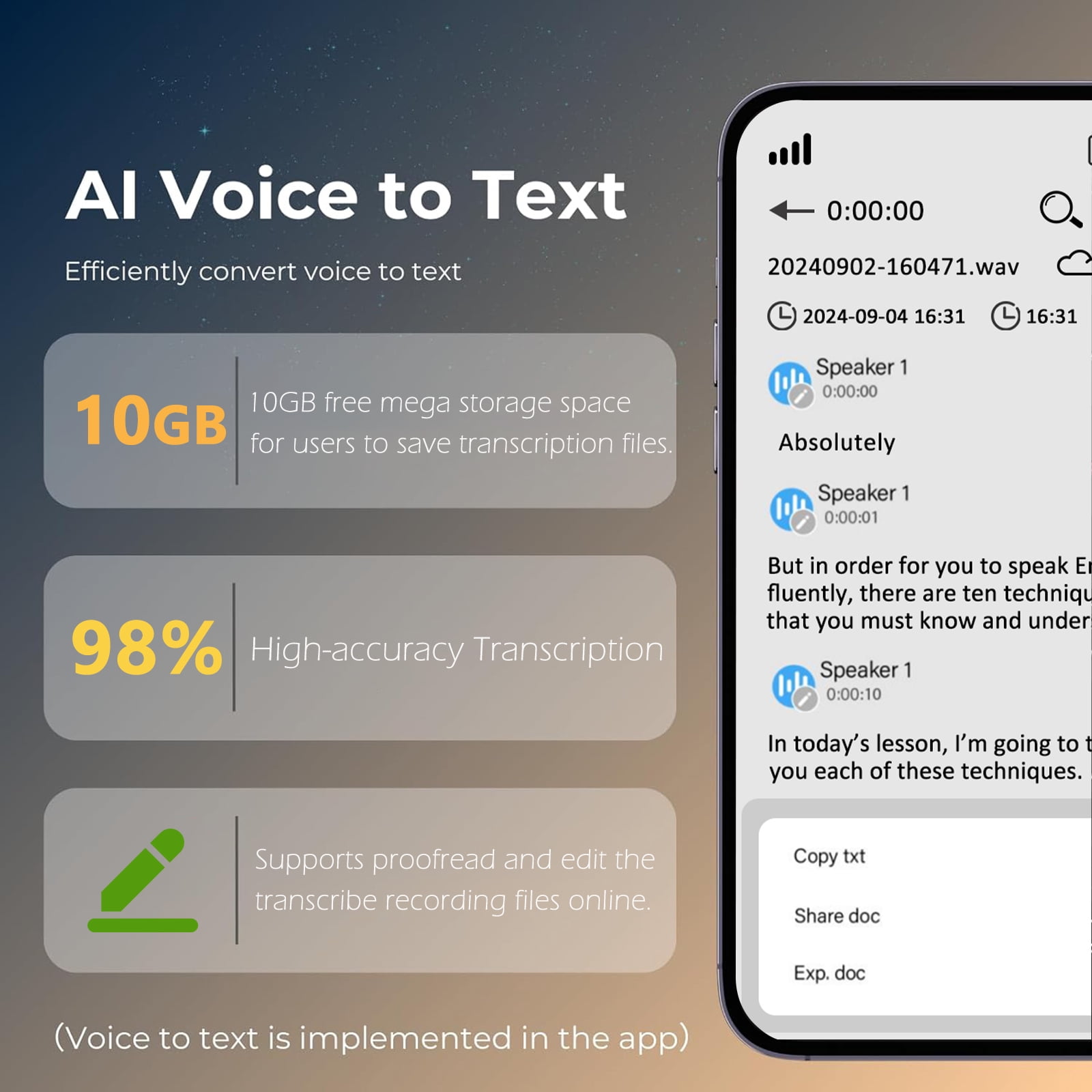 RONY 128GB AI Voice Recorder with Voice-to-Text Transcription Translation: 3072kbps Magnetic Voice Activated Recorder for Lectures Meetings Interviews