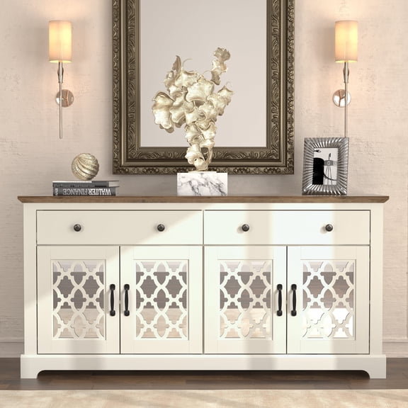 STYLIVIA Heron 4-Door Wide Sideboard with 2 Drawers – Ivory & Knotty Oak
