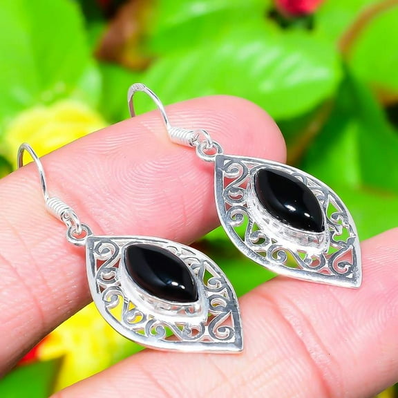 Natural Black Onyx Gemstone Handmade 925 Sterling Silver Earring 1.73"