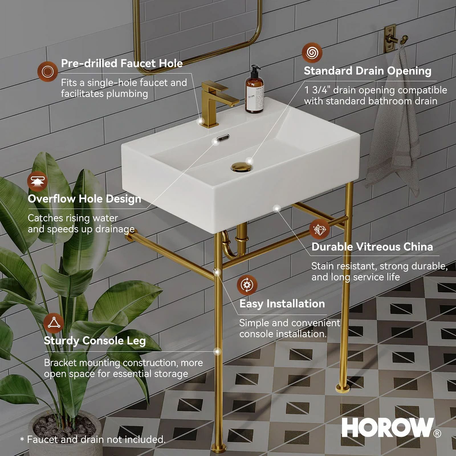 HOROW 24" Console Bathroom Sink,Free Standing 30 Inch Stainless Steel Support Pedestal Legs, Gold
